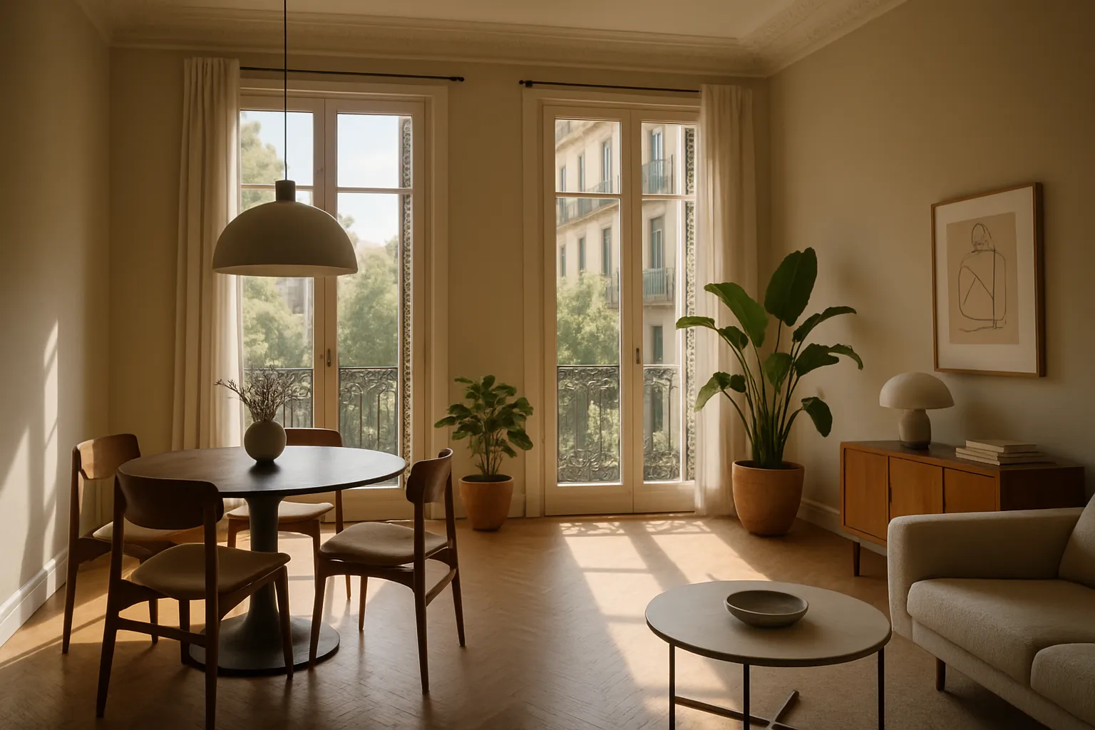 Helles Wohnzimmer mit großen Fenstern, Sofa, Sessel, Couchtisch, Pflanzen, Bilder, Tafel und Schrank; sonniges, gemütliches Ambiente.