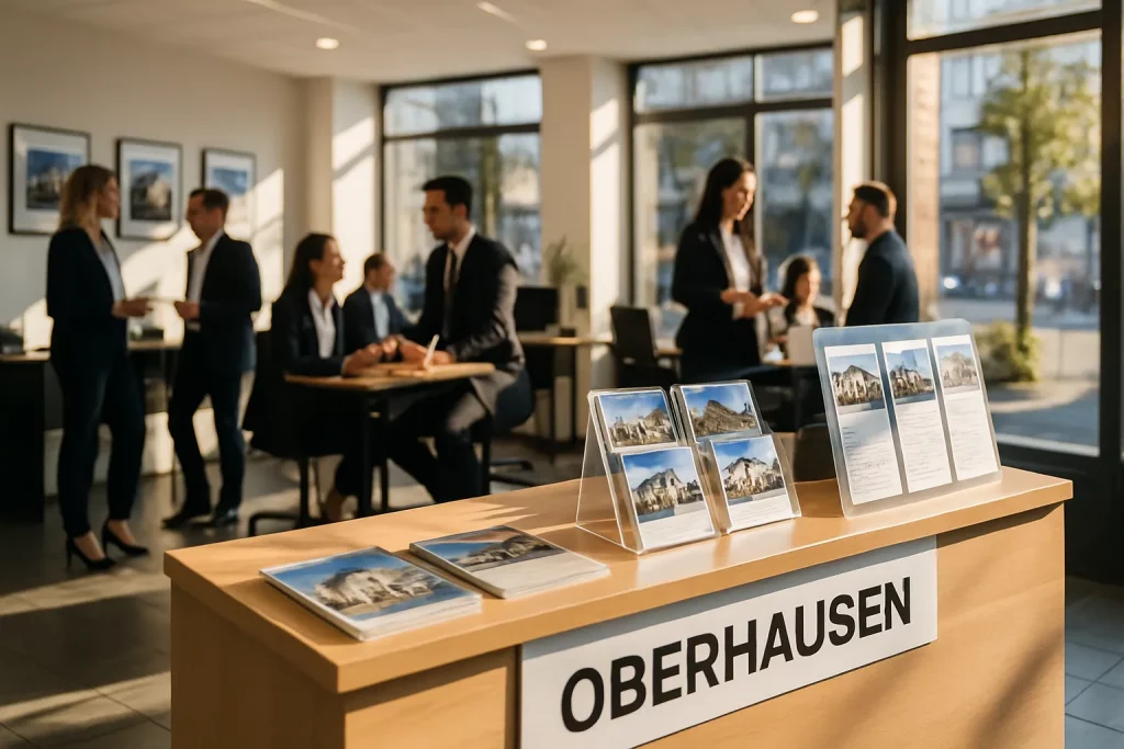 Ein Tourismusbüro mit dem Schild "Oberhausen". Im Hintergrund sprechen Menschen in Anzügen, es sind Beratungsgespräche und Informationsmaterialien sichtbar.