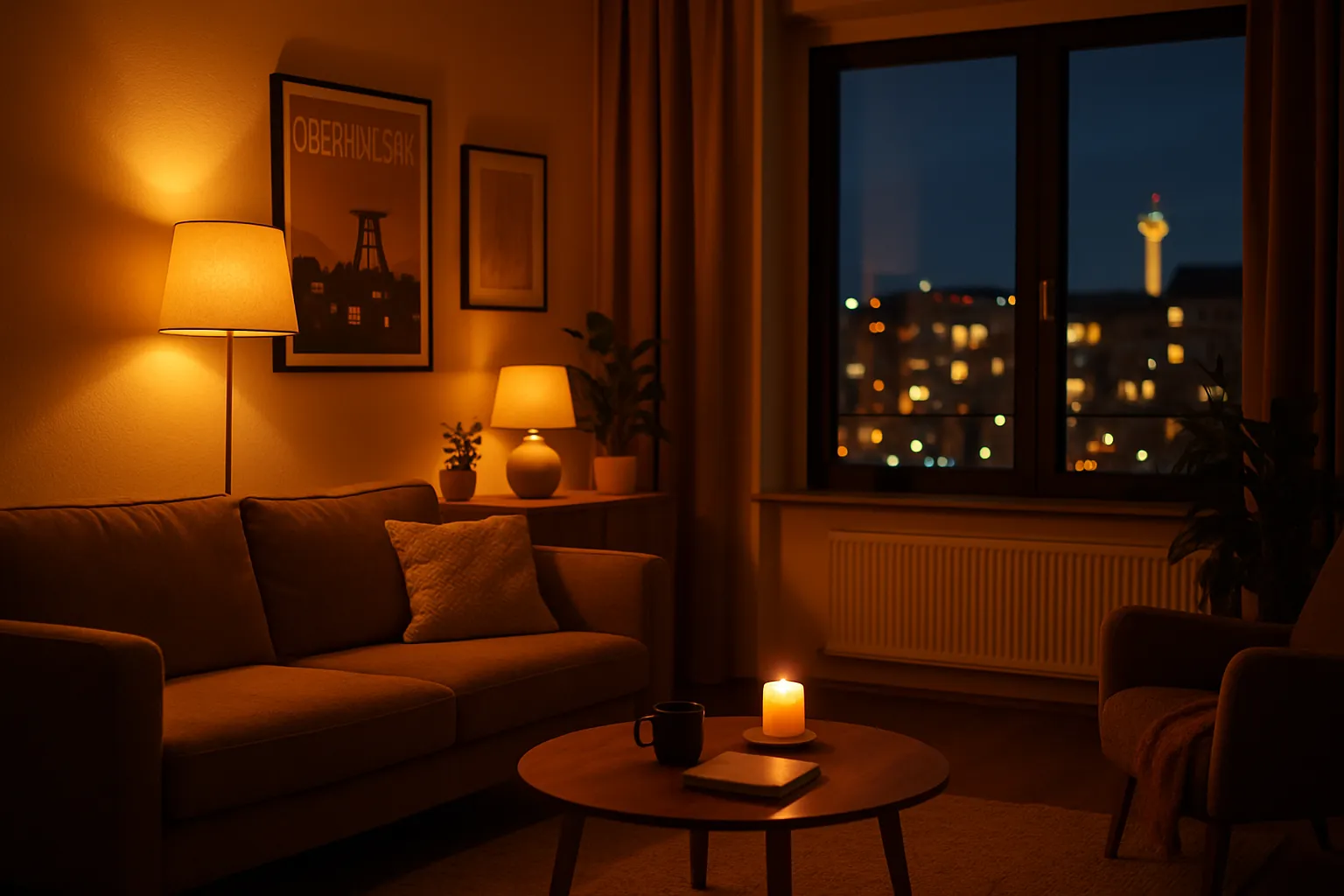 Ein dunkles Wohnzimmer mit Sofa, Sessel, Stehlampe und Kerze auf Tisch. Draußen sieht man Stadtlichter in der Nacht durch das Fenster.