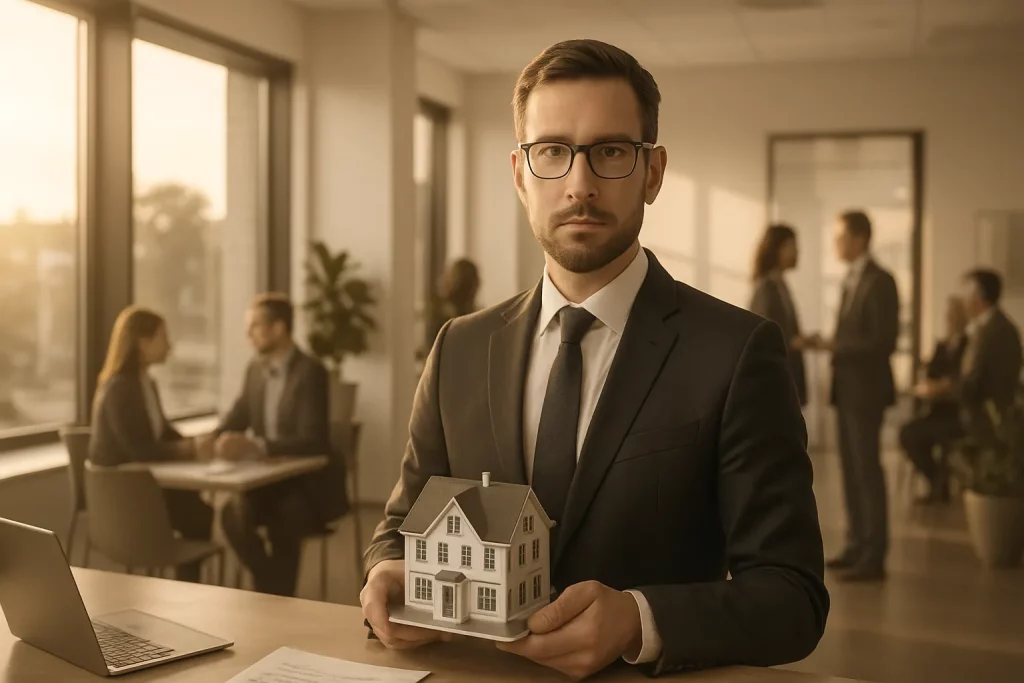 Ein Mann in Anzug mit Brille hält ein Modellhaus in einem Büro, umgeben von anderen Menschen, die im Hintergrund sprechen.