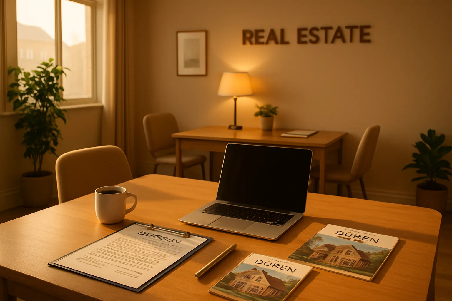 Ein Büro mit einem Holz-Tisch, einem Laptop, Kaffeetasse und mehreren Broschüren. Im Hintergrund steht eine Lampe und ein Schild "Real Estate".