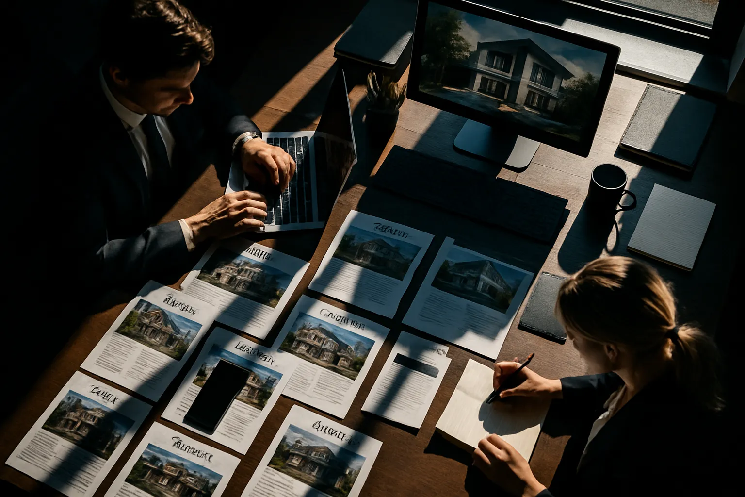 Zwei Menschen im Büro planen ein Haus. Sie haben Fotos, Pläne und einen Computer vor sich. Es ist hell und sonnig.