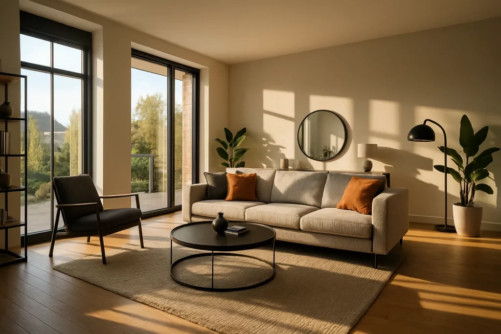 Gemütliches Wohnzimmer mit grauem Sofa, schwarzen Sessel, Couchtisch, Pflanzen und viel natürlichem Licht durch große Fenster.