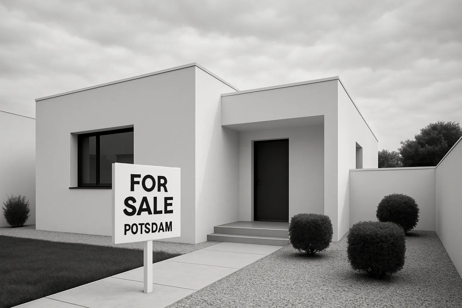 Ein schlichtes weißes Haus in Potsdam steht zum Verkauf. Vor dem Haus ist ein Schild mit „For Sale Potsdam“ und Pappeln.