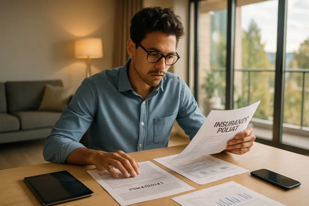 Ein Mann liest im Wohnzimmer Versicherungspapiere, auf dem Tisch liegen Smartphone, Tablet und weitere Dokumente. Im Hintergrund ist eine Lampe.