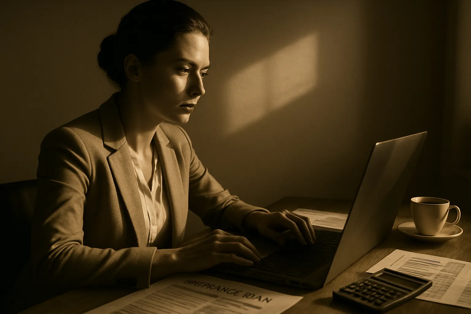Frau arbeitet abends an Laptop, sitzt an Tisch mit Papieren, Taschenrechner und Kaffeetasse, im dunklen Raum mit warmem Licht.