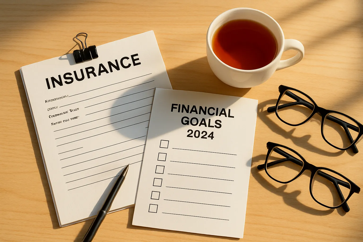 Zwei Brillen, ein Becher Tee, eine Tasche und Papier mit Überschriften "Insurance" und "Financial Goals 2024" auf einem Holztisch.