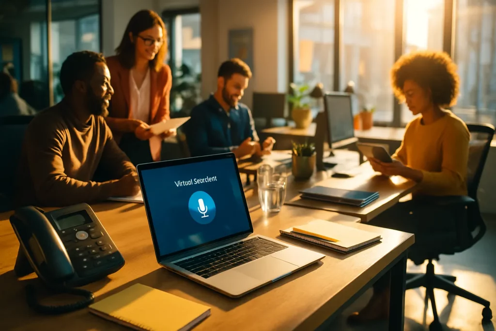 Vier Menschen sitzen in einem Büro bei Sonnenlicht. Sie unterhalten sich, eine Frau zeigt etwas auf ihrem Handy, ein Laptop zeigt "Virtual Seurclent".
