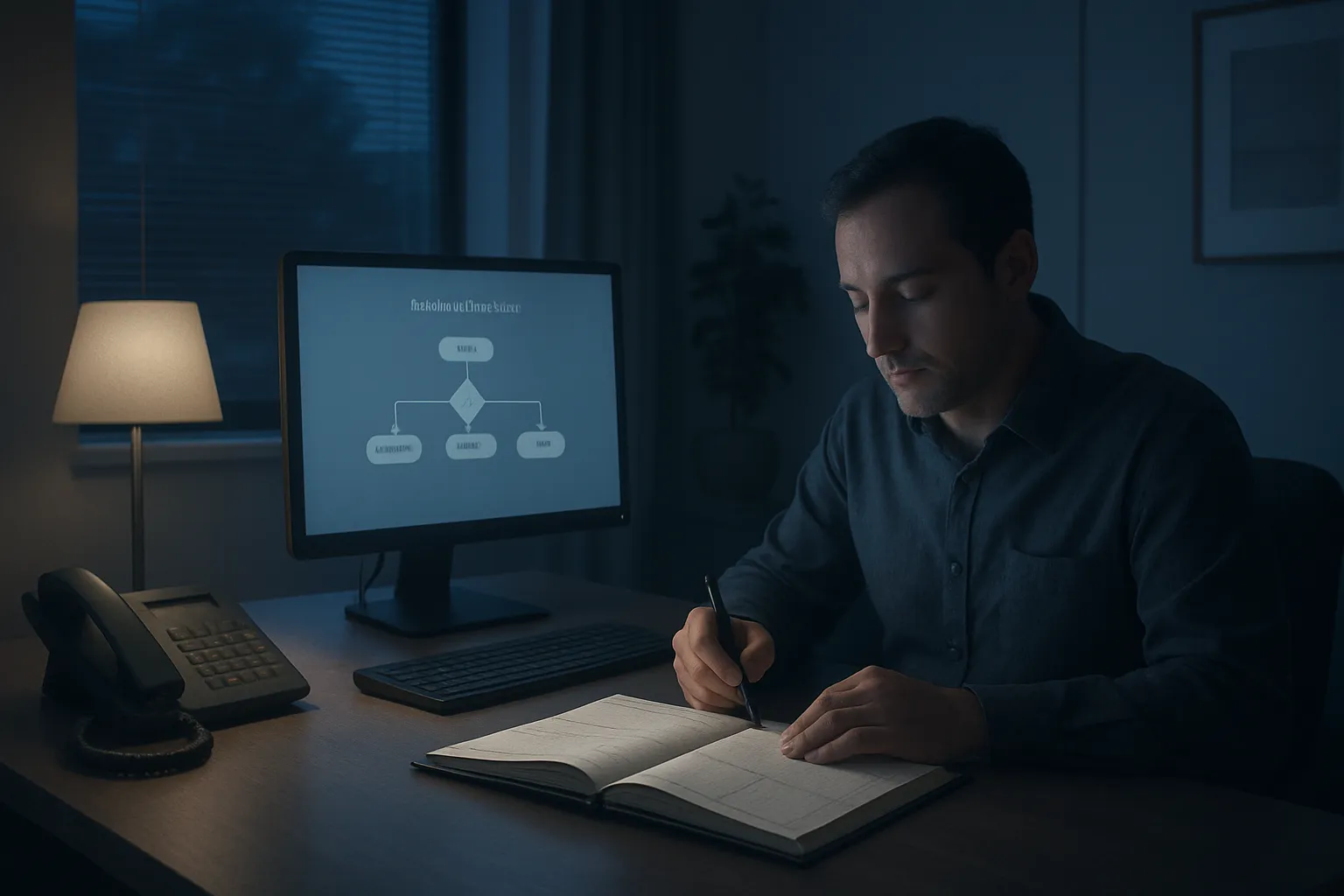 Ein Mann arbeitet nachts an einem Schreibtisch, schreibt ins Notizbuch und schaut auf den Computerbildschirm mit Flussdiagramm.