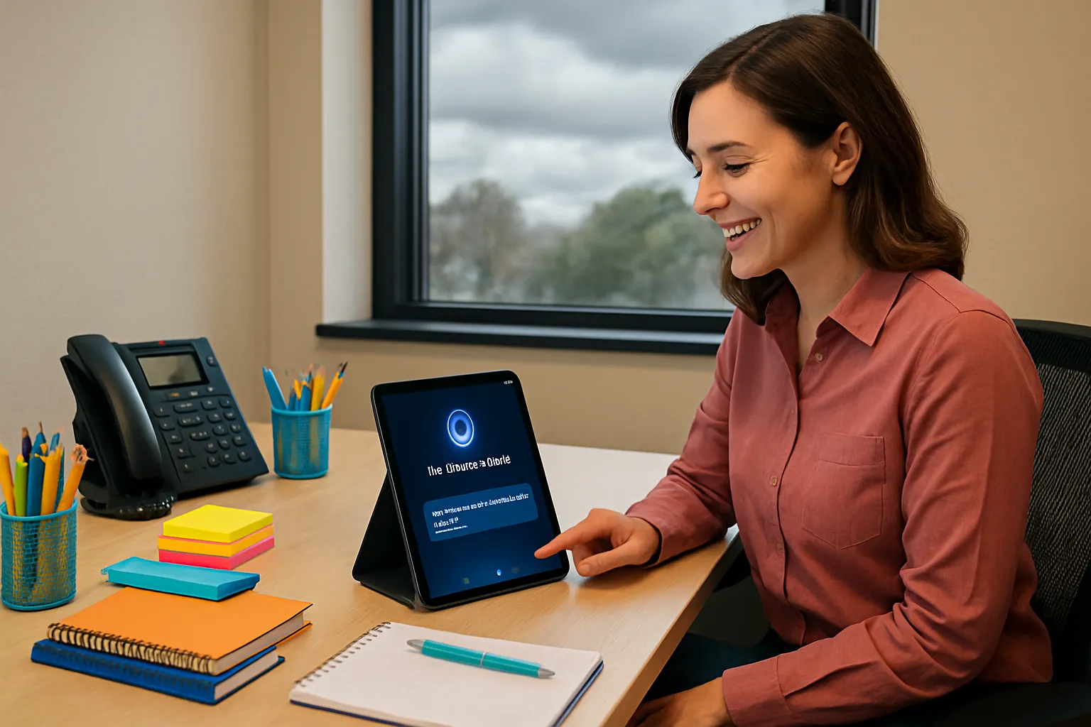 Eine Frau sitzt in einem Büro und spricht mit einem digitalen Assistenten auf einem Tablet. Sie lächelt und hat Notizbücher vor sich.