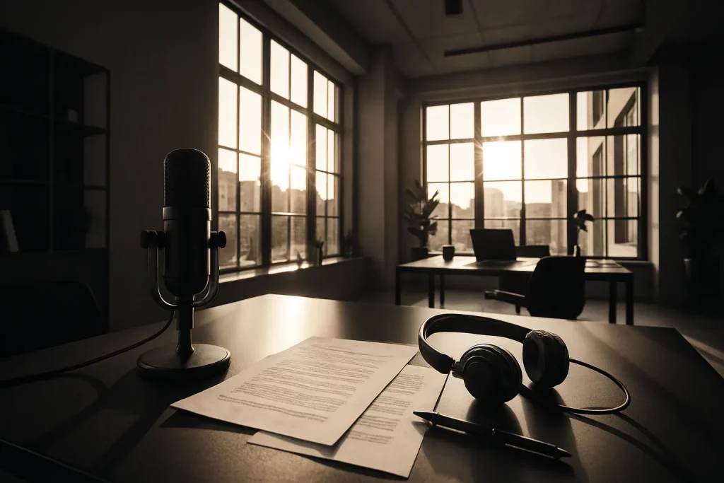 Ein Schreibtisch im Büro bei Sonnenuntergang, mit Mikrofon, Kopfhörern, Papier, Stift, Fenster, Pflanzen und Stühlen.