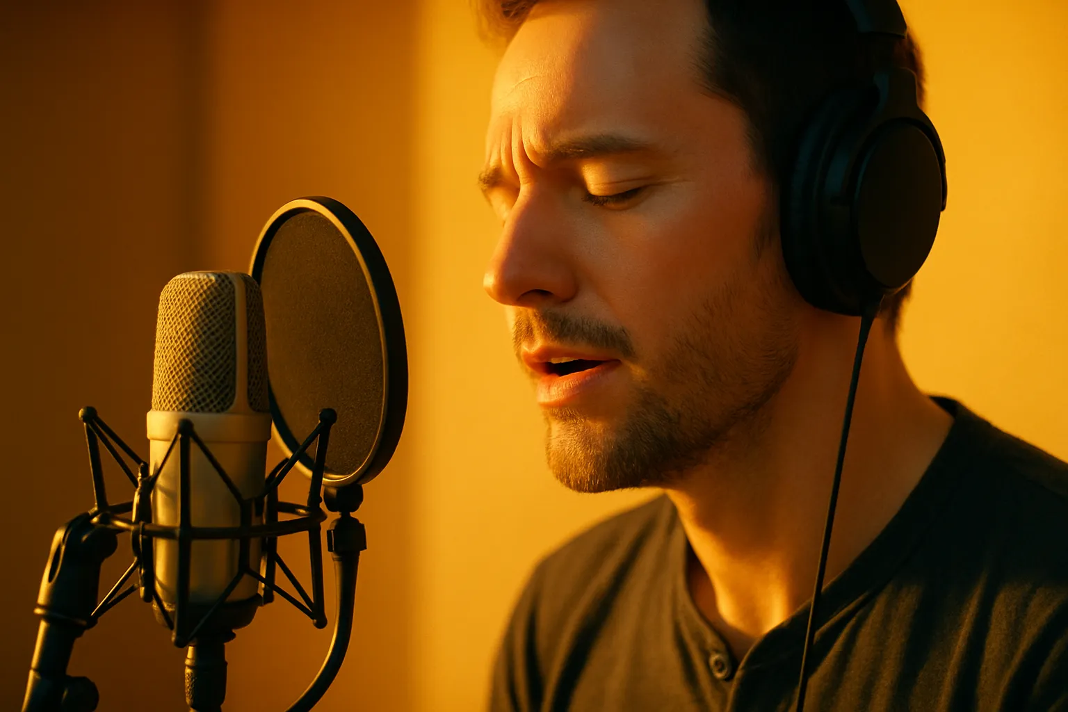 Ein Mann singt in einem Tonstudio mit Kopfhörern, vor einem Mikrofon, bei warmem Licht.