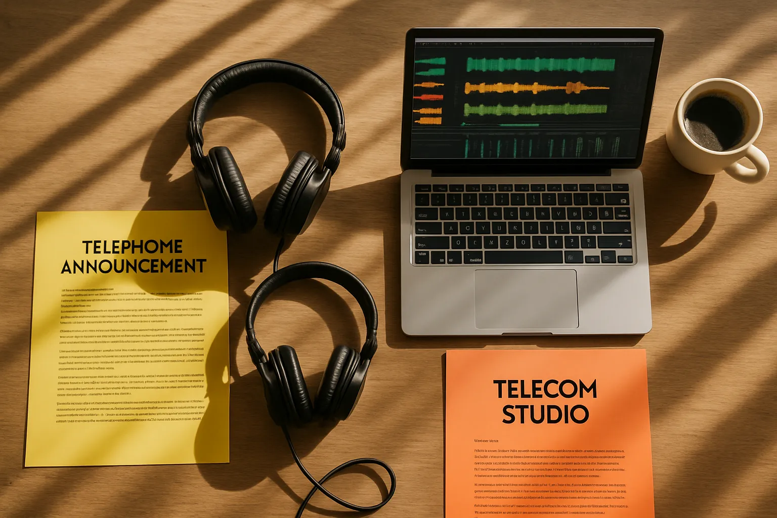 Zwei schwarze Kopfhörer, Laptop mit Tonwellen, gelber und oranger Textblock, Kaffeetasse auf Holztisch im Sonnenlicht.