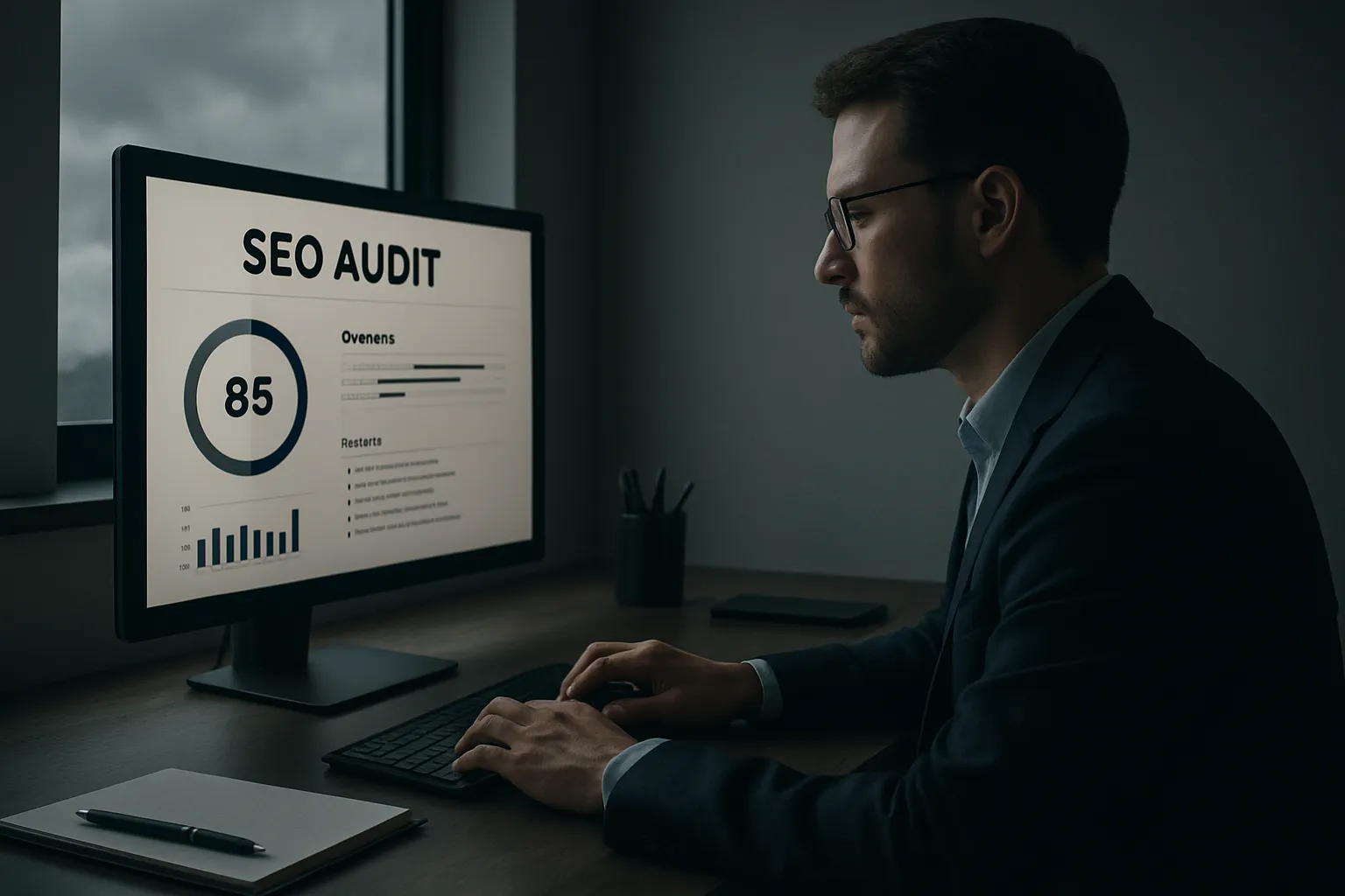 Ein Mann in Brille arbeitet an Computer mit SEO-Statistik, sitzt in dunklem Büro bei Tageslicht, Notizen und Stifte auf Tisch.