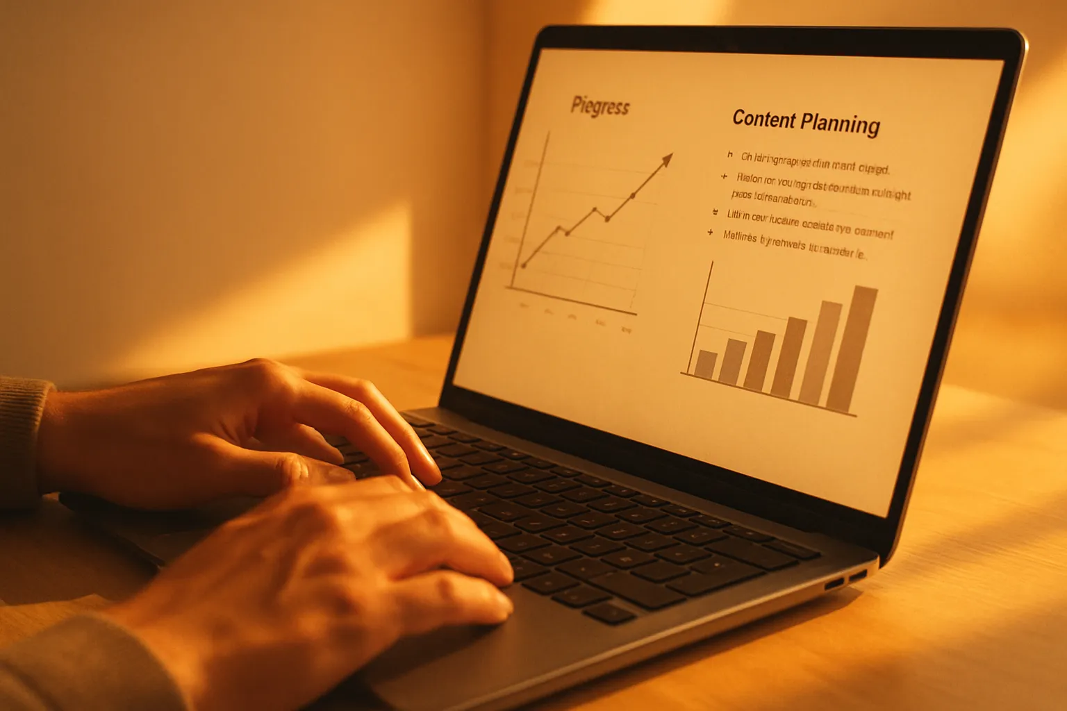Zwei Hände tippen auf einem Laptop, der auf einem Tisch steht. Der Bildschirm zeigt Diagramme und Text, gelblich beleuchtet.