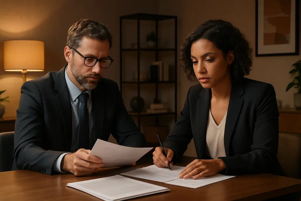Zwei Menschen sitzen im Wohnzimmer an einem Tisch, lesen und unterschreiben Dokumente. Es sind ein Mann und eine Frau, beide in Anzügen.