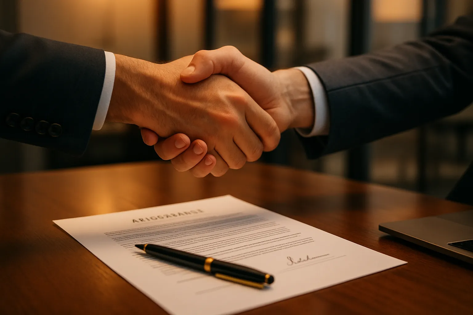 Zwei Männer schütteln sich die Hände über einem Vertrag auf einem Tisch, mit Kugelschreiber und Laptop im Hintergrund.