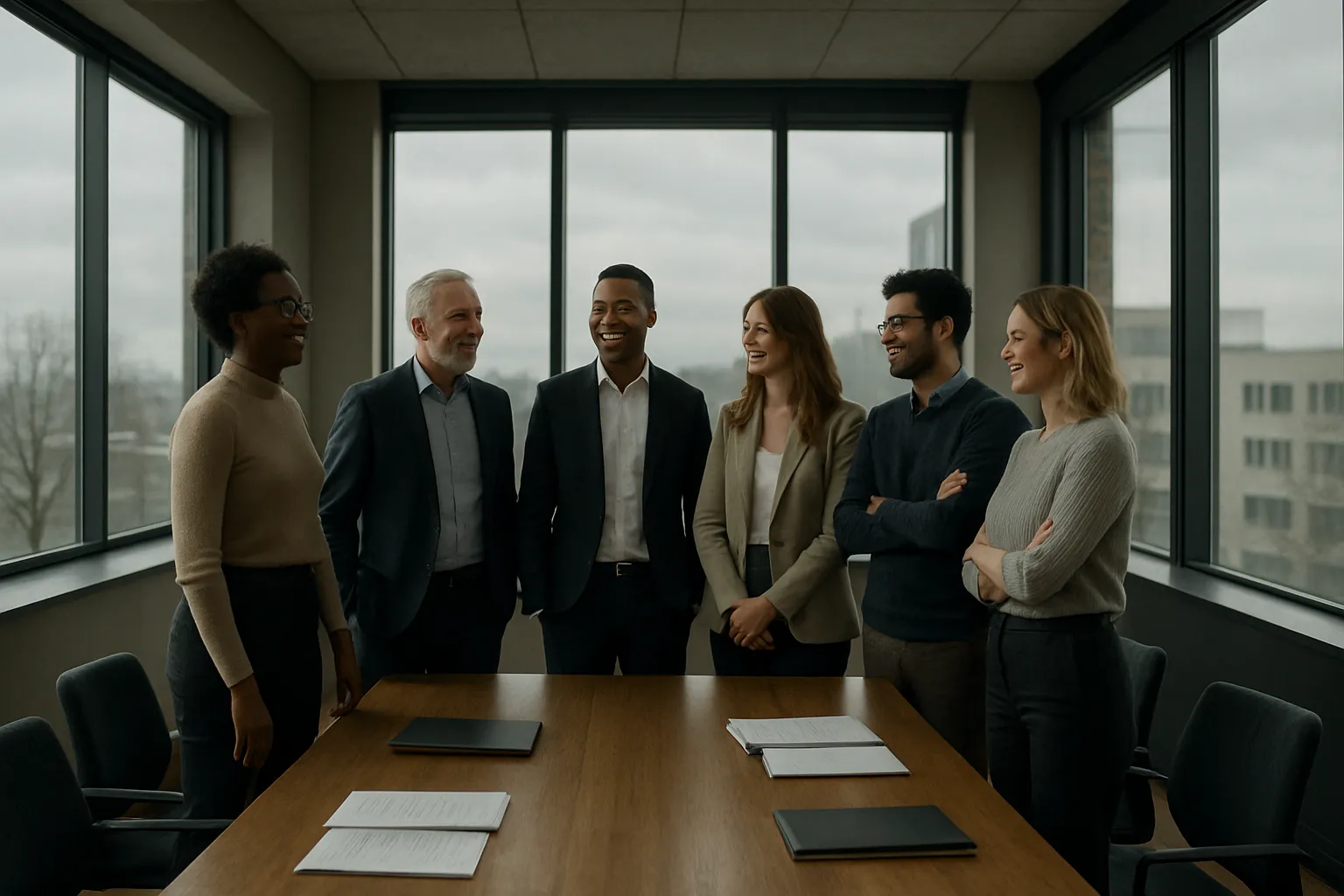 Sieben Menschen lachen und sprechen in einem modernen Konferenzraum mit großen Fenstern und einem Holztisch.