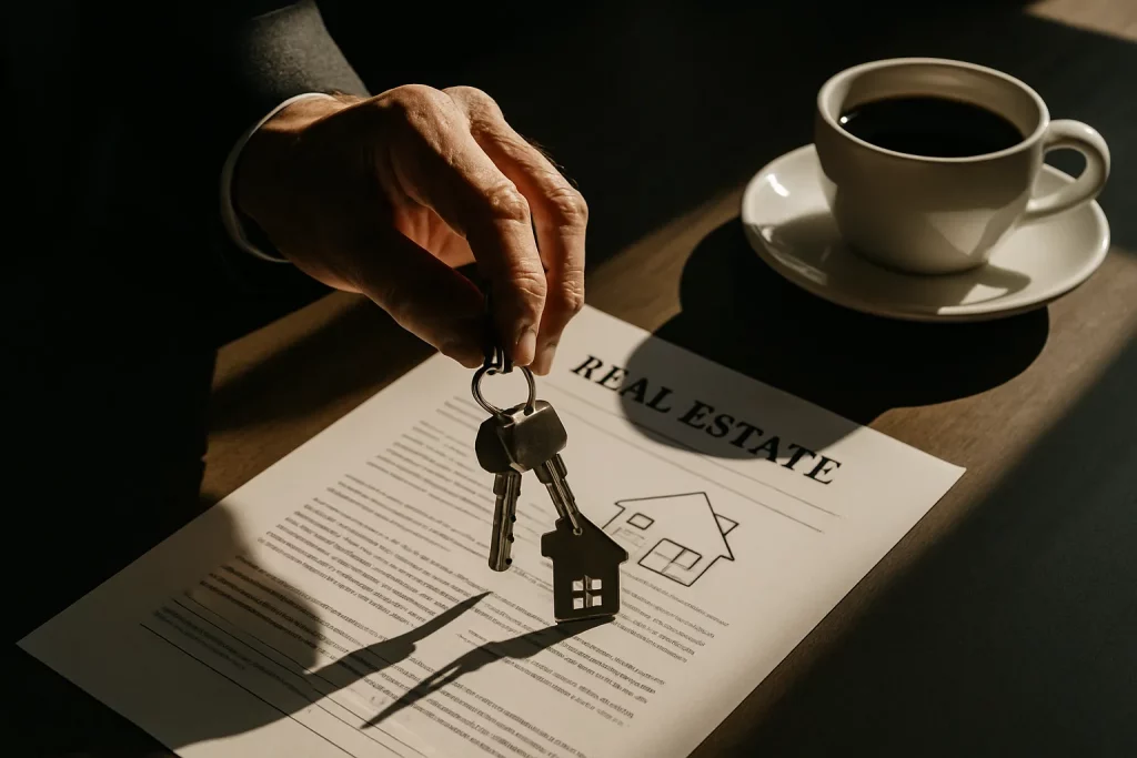 Hand hält Schlüssel mit Haussymbol über Immobilienvertrag, auf Tisch mit Kaffeetasse, in dunklem Licht.