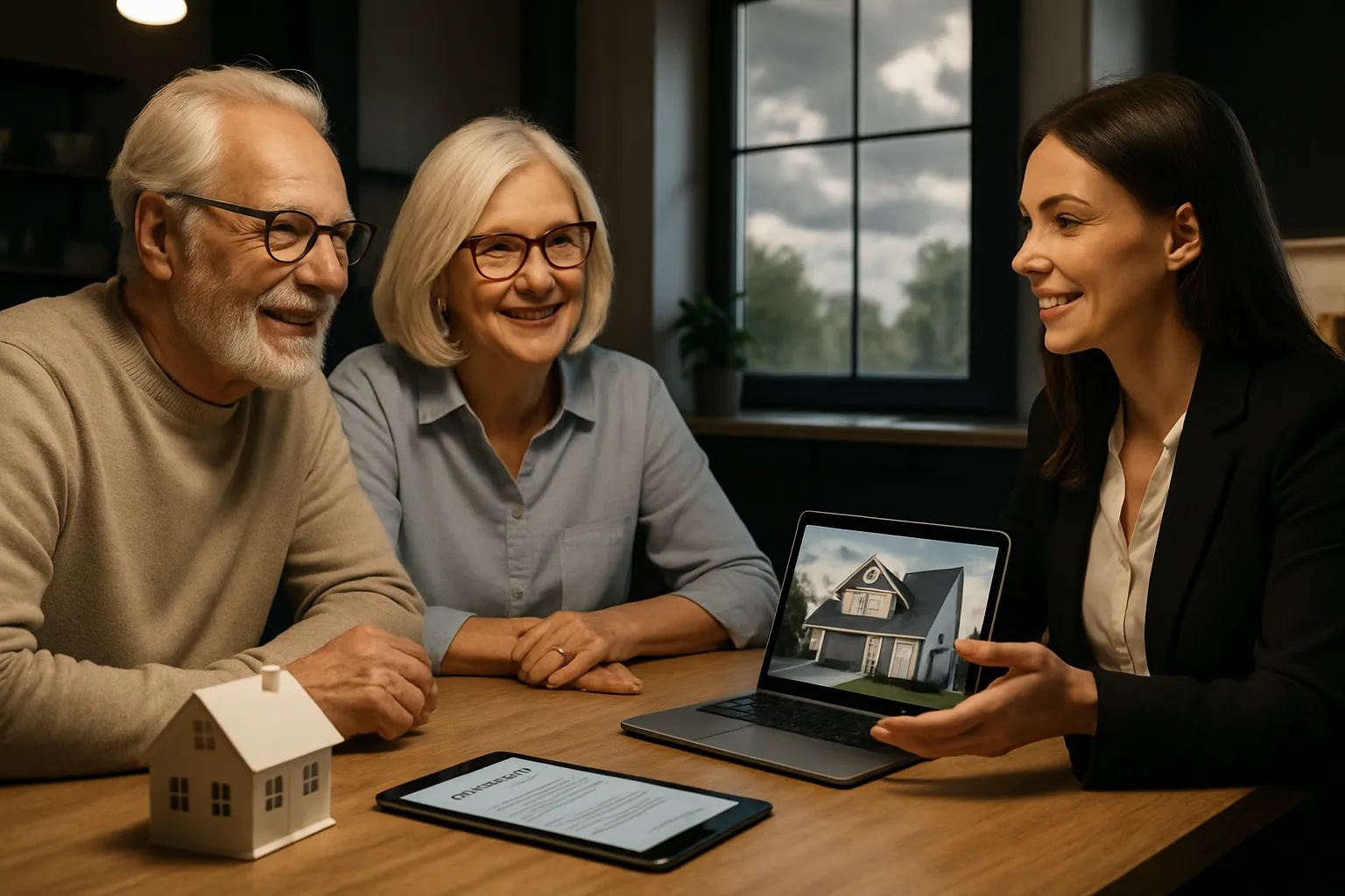 Eine Frau im Gespräch mit einem älteren Paar, zeigt auf ein Tablet mit Hausmodell, im Raum mit Fenster und herbstlichem Himmel im Hintergrund.