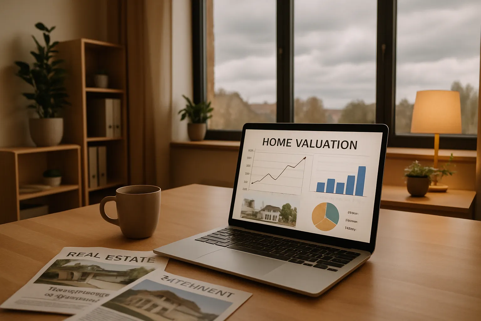 Ein Laptop zeigt eine Hausbewertung auf einem Tisch. Neben sind Magazine über Immobilien, im Hintergrund stehen Pflanzen und ein Fenster.
