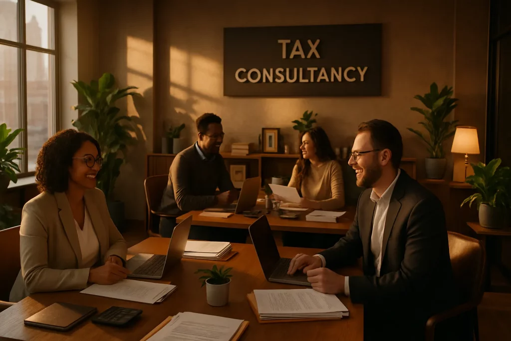 Fünf Menschen in Anzügen sitzen in einem Büro bei einer Besprechung am Tisch, lachen und arbeiten auf Laptops, im Hintergrund ein „Tax Consultancy“-Schild.