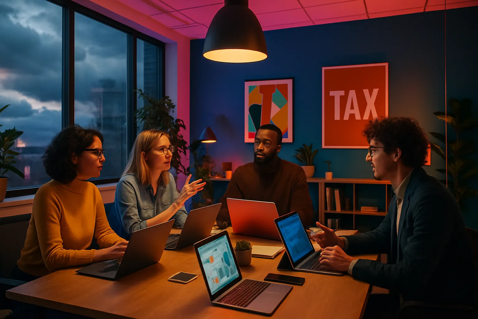 Fünf Menschen diskutieren in einem modernen Büro bei gedämpftem Licht mit Laptops. Im Hintergrund sind bunte Bilder und Pflanzen.