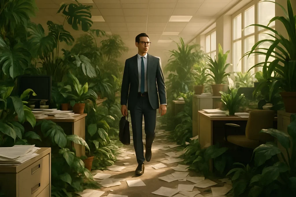 Ein Mann in Anzug läuft durch ein Büro voller Pflanzen, Papierberge auf Boden und Tischen, mit großen Fenstern im Hintergrund.