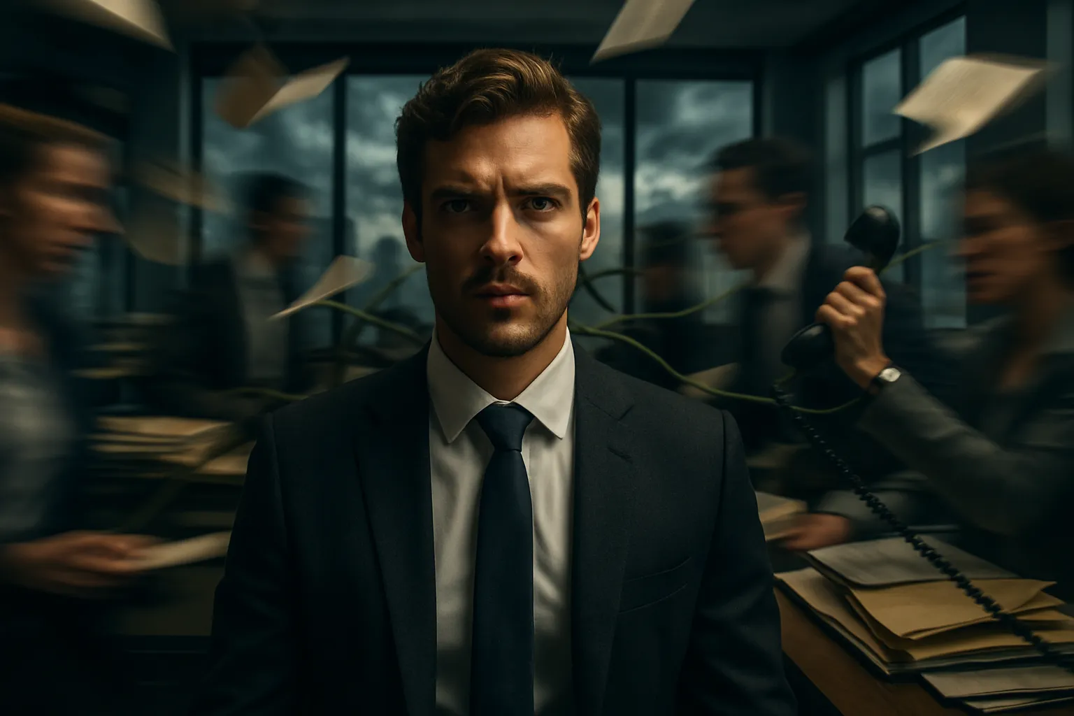 Ein Mann in Anzug sitzt im Büro, umgeben von hektischen Kollegen, während er ernst in die Kamera blickt, im Hintergrund sind Wolken und Fenster.