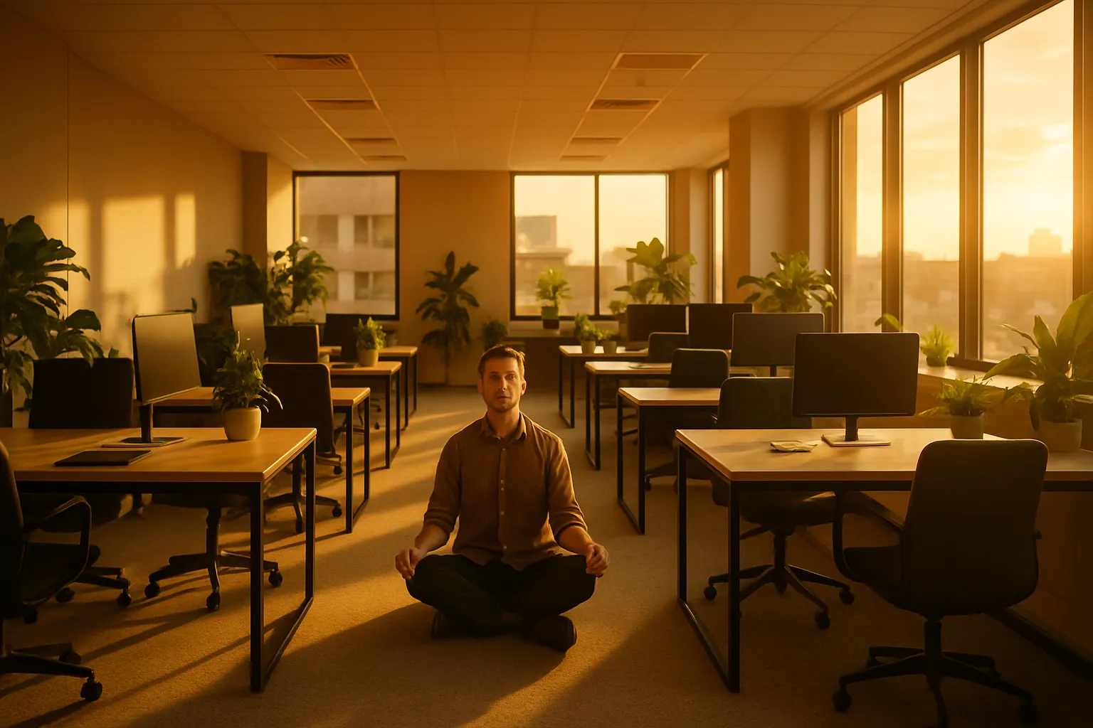 Mann sitzt im sitzen im leeren Büro mit vielen Tischen, Monitoren und Pflanzen, bei Sonnenuntergang. Er meditiert.