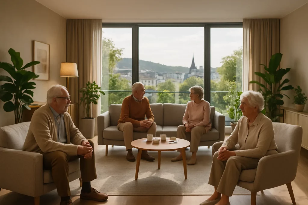 Fünf ältere Menschen sitzen in einem Wohnzimmer, sprechen und trinken Kaffee. Es ist hell und es gibt große Fenster mit Blick auf eine Stadt.