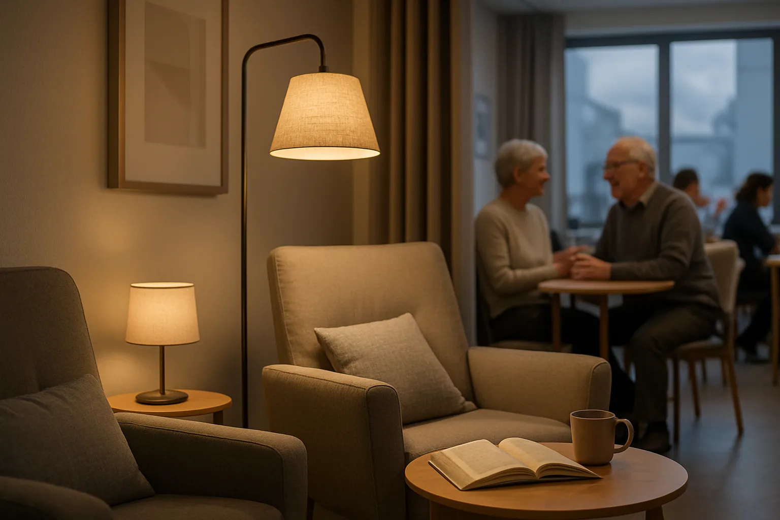 Gemütliches Wohnzimmer mit Lesestoff, Kaffeetasse, später essen zwei ältere Menschen in einem Café, sie lachen und halten Händchen.