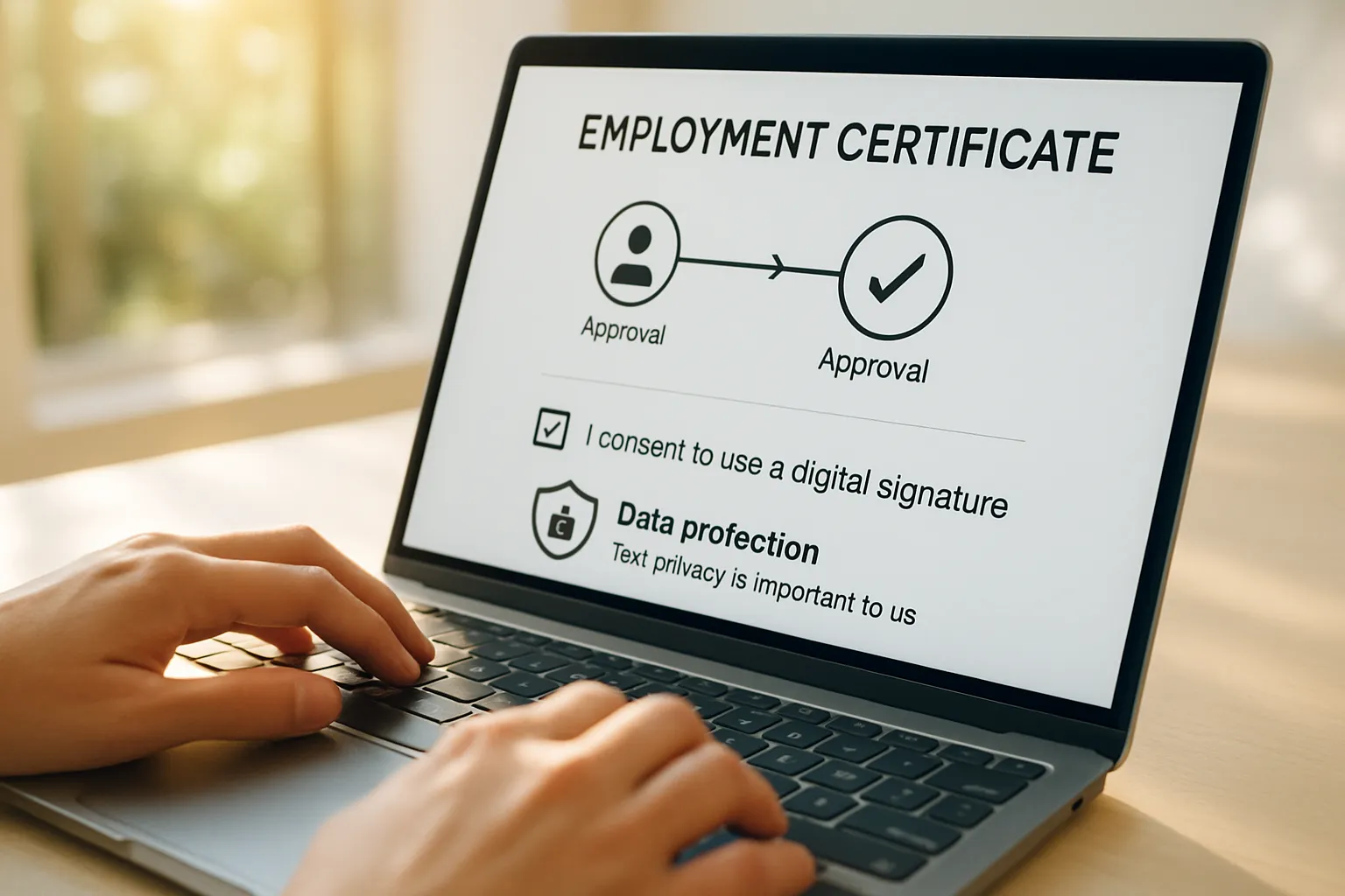 Ein Mensch tippt auf einem Laptop, der eine digitale Beschäftigungsbescheinigung anzeigt. Hintergrund ist ein sonniges Fenster.