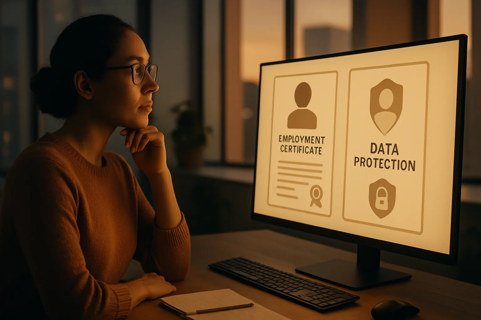 Eine Frau schaut nachts auf einen Computerbildschirm mit Symbolen für Person, Schutz und Daten. Sie ist im Büro und trägt eine Brille.