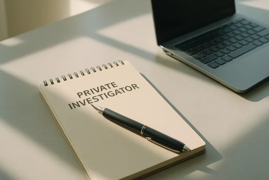 Ein Notizbuch mit der Aufschrift "Private Investigator" liegt auf einem Tisch neben einem Laptop, Sonnenlicht fällt darauf.