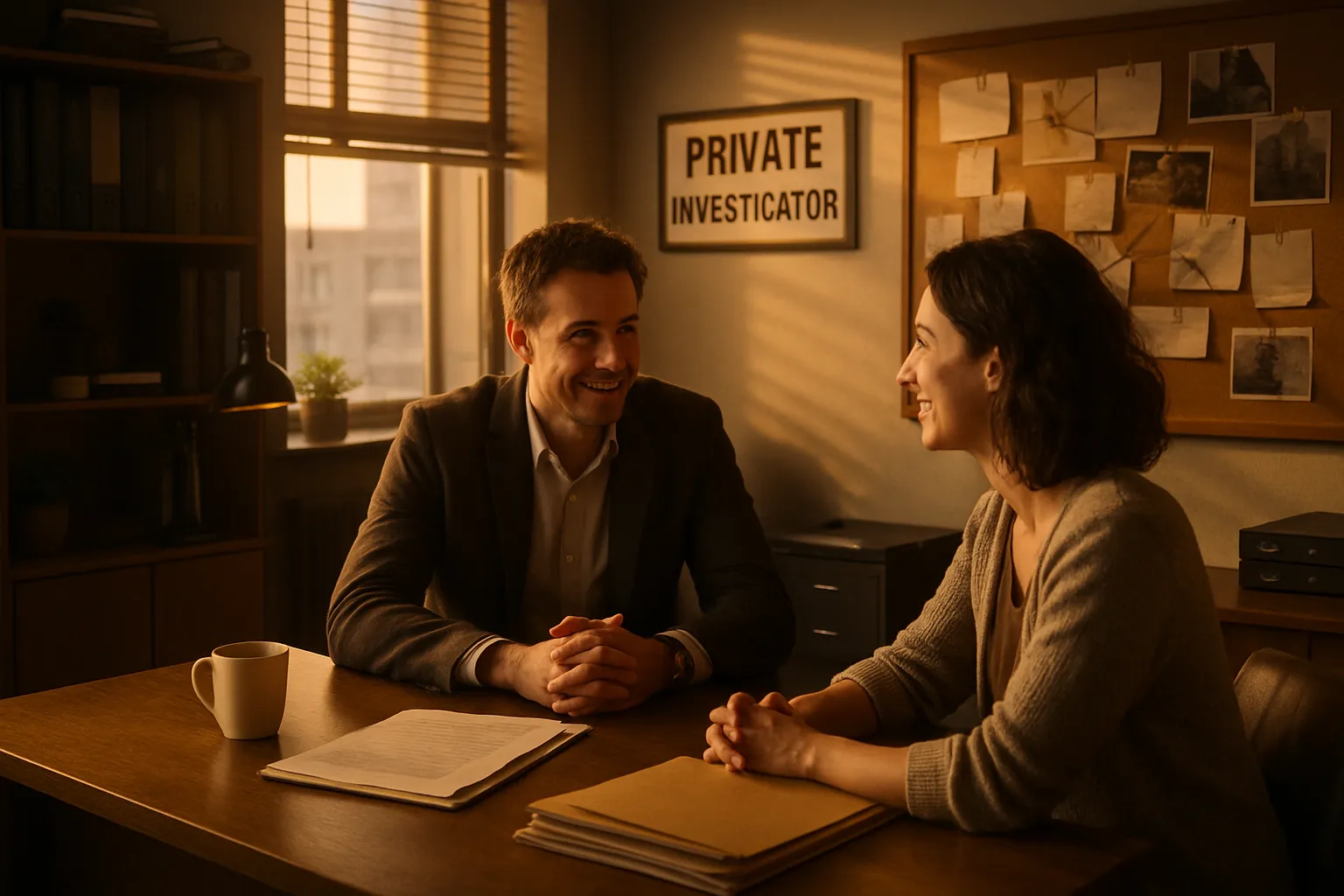 Zwei Menschen im Büro, sprechen und lachen. Hinter ihnen eine Pinnwand, auf der Fotos und Notizen hängen. Signaltürschild "Private Investigator".