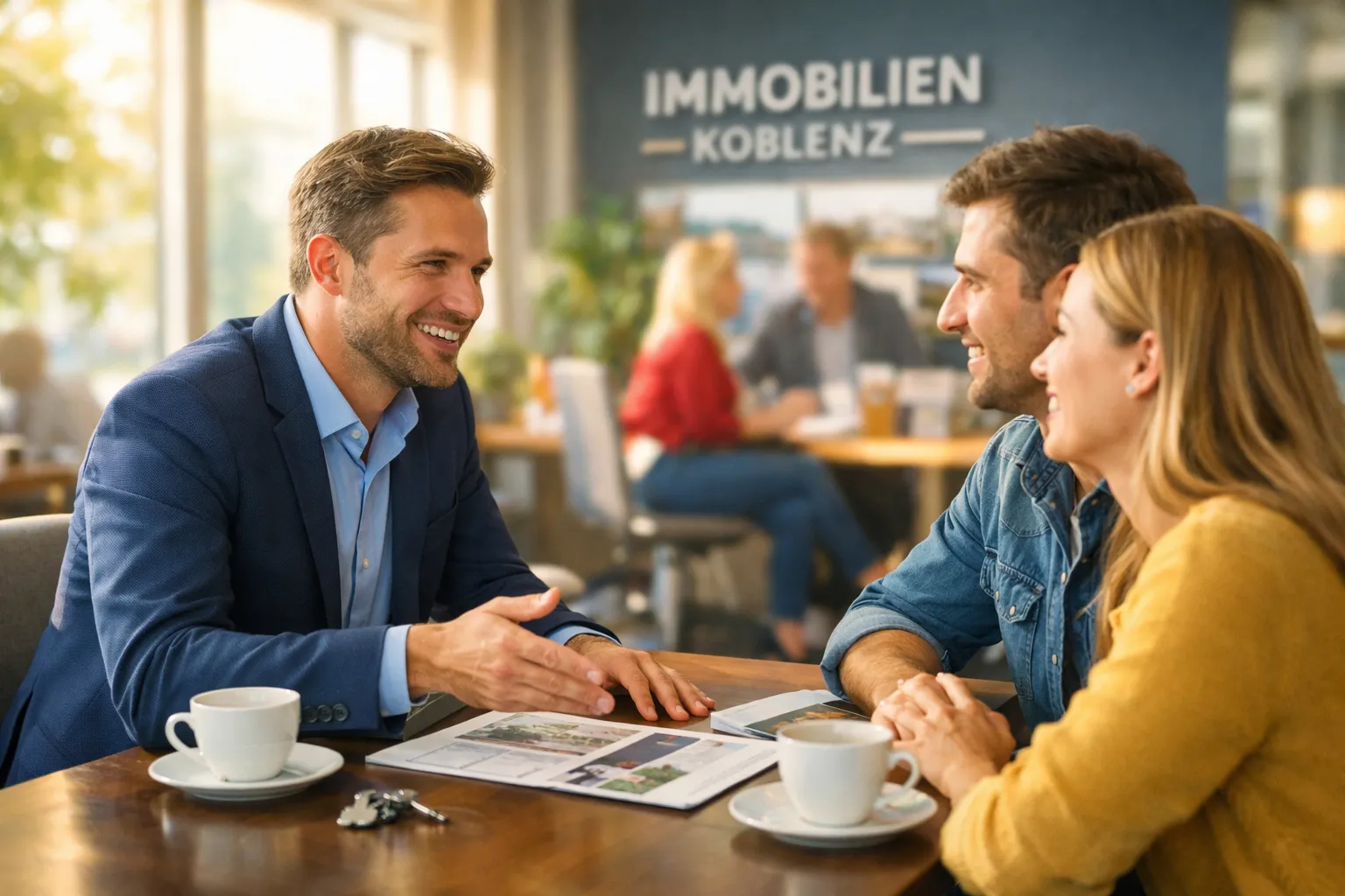 Drei Menschen bei Immobilienberatung im Café, lachen, sprechen, haben Kaffeetassen, im Hintergrund auf einem Schild steht „IMMOBILIEN KOBLENZ“.