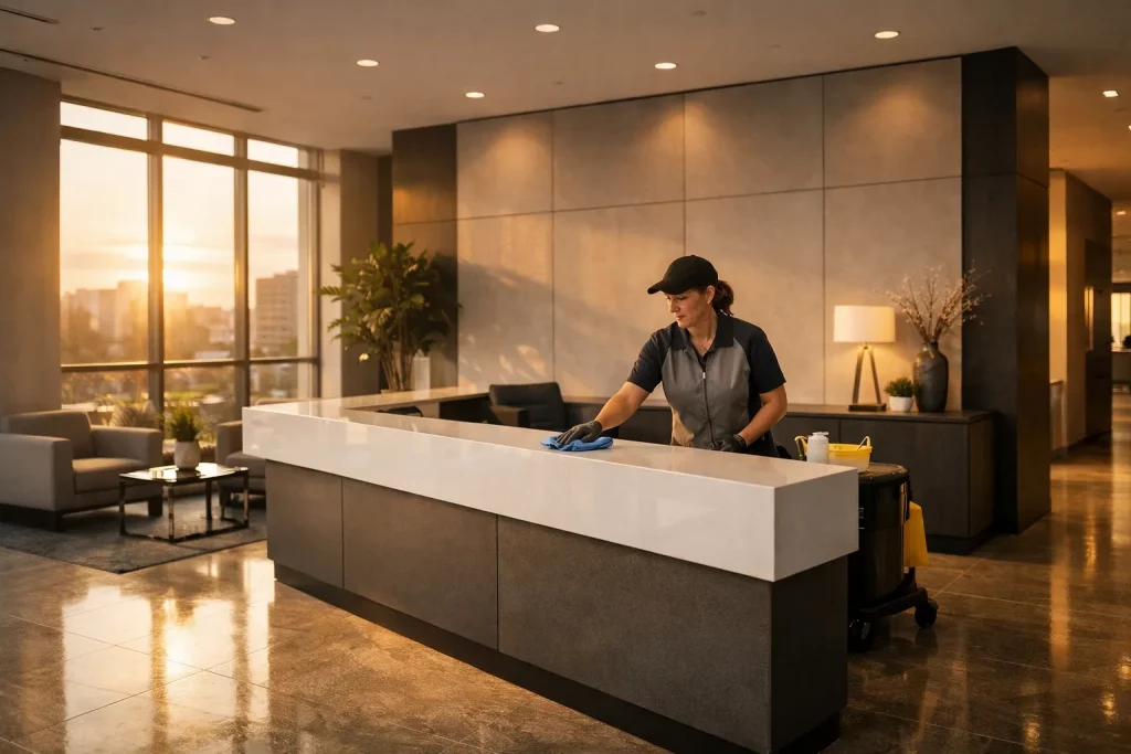 Reinigungsfrau in Hotel-Lobby, wäscht den Tresen bei Sonnenuntergang, moderne Möbel, Pflanzen und Dekorationen im Hintergrund.