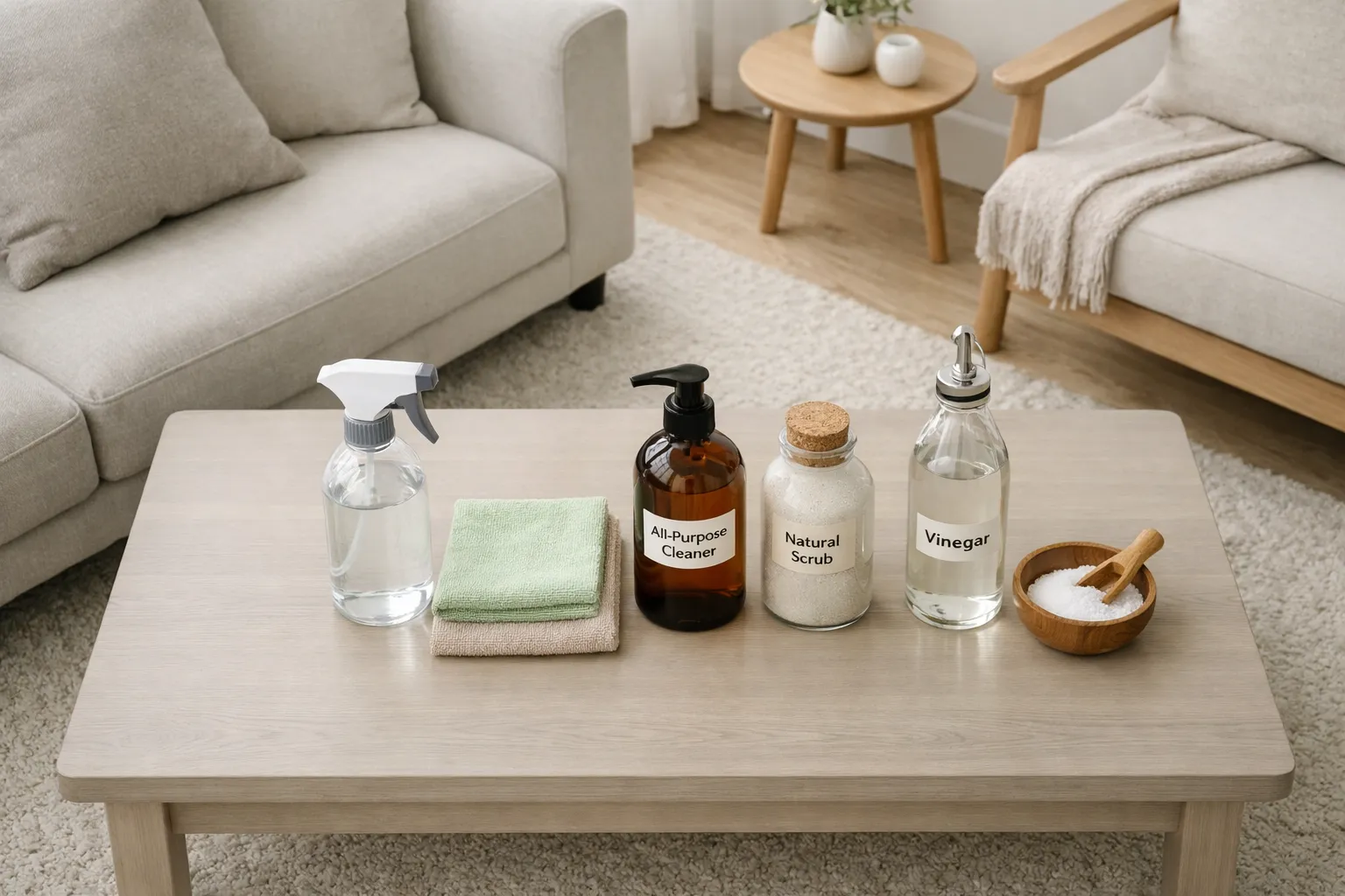 Reinigungsspray, Tücher, Reiniger, Salz, Essig in Flaschen und Glas im Wohnzimmer auf dem Tisch, daneben Sofa und Sessel.