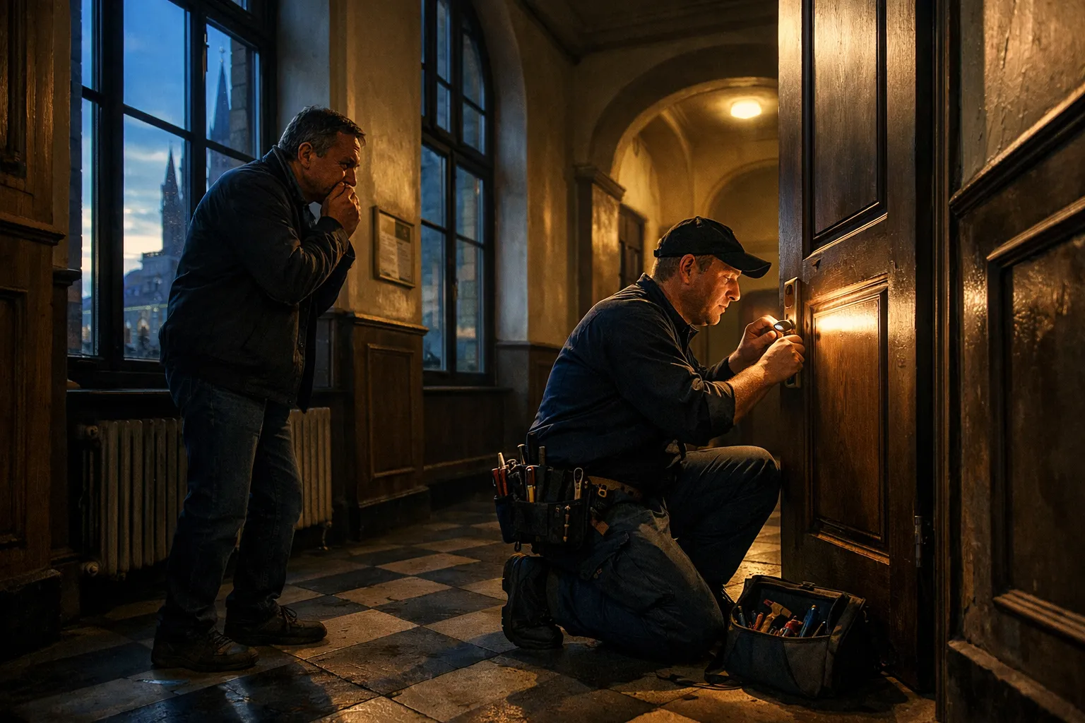 Zwei Männer in einem alten Gebäude, einer arbeitet mit Werkzeug, der andere beobachtet. Es ist abends, das Licht ist warm.