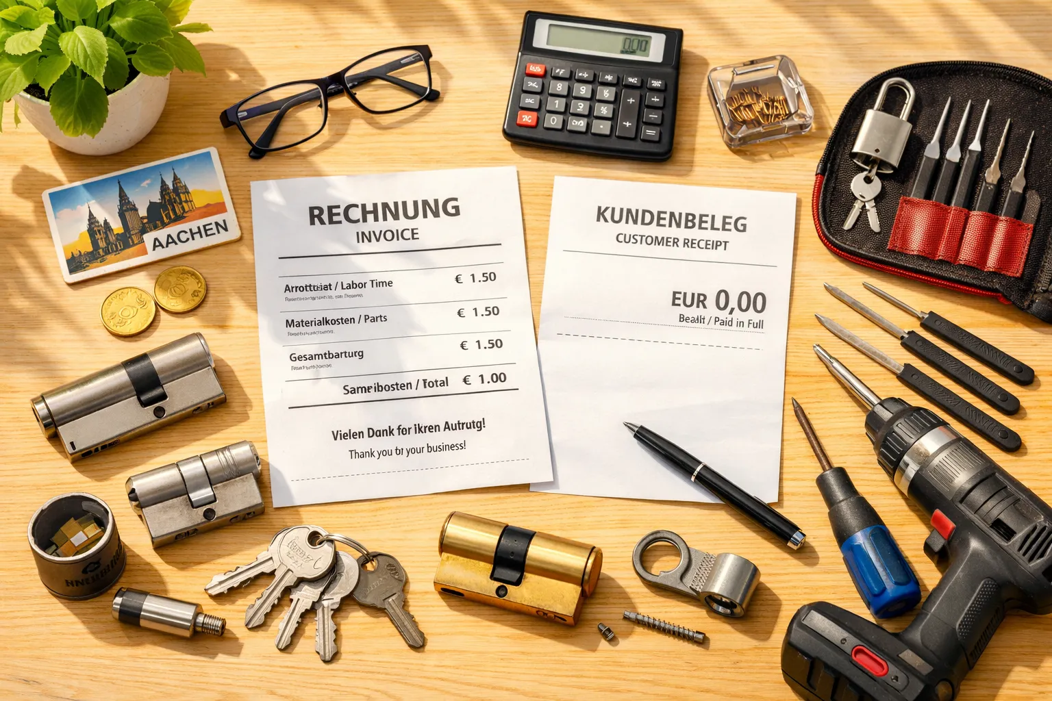 Arbeitsplatz mit Werkzeugen, Papieren, Schlüssel, Gläser, Taschenrechner, Taschenlampe und Werkzeugkoffer auf Holztisch.