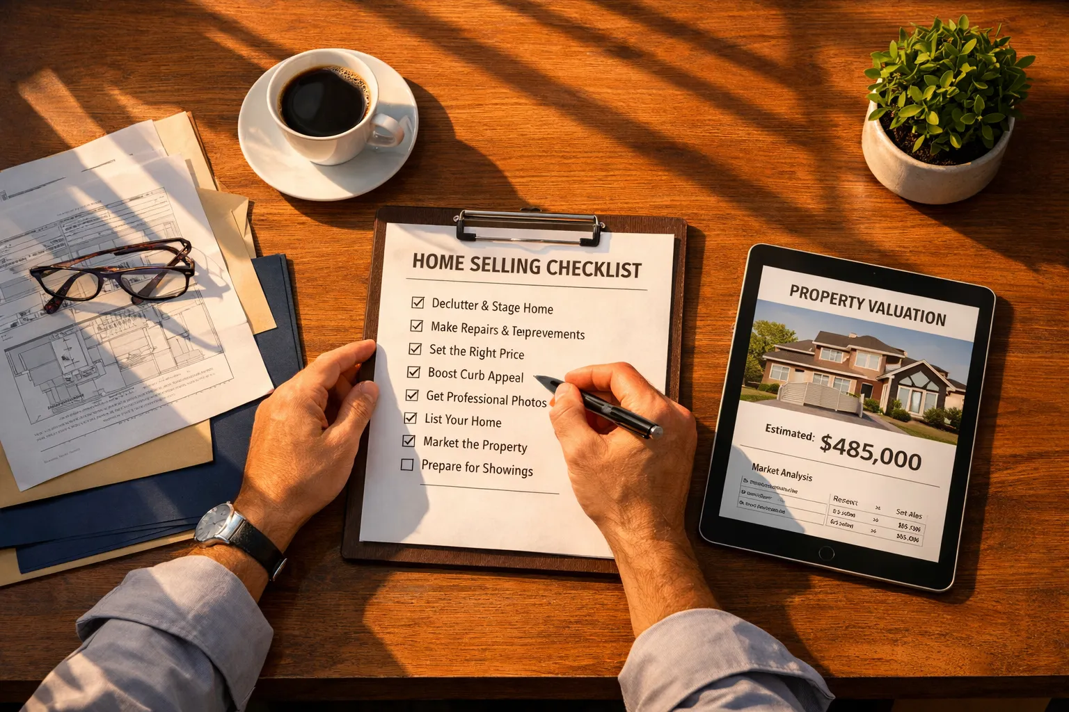 Jemand arbeitet an Checkliste und Immobilienwert auf Tisch mit Papieren, Brille, Kaffee, Pflanzen und Tablet. Nachmittagssonne strahlt.