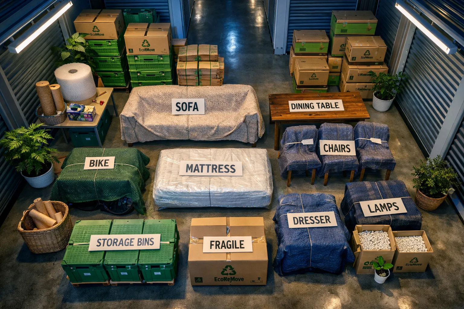 Grün entrümpelt, sicher gelagert: Nachhaltigkeit beim Aufräumen und Möbellagern