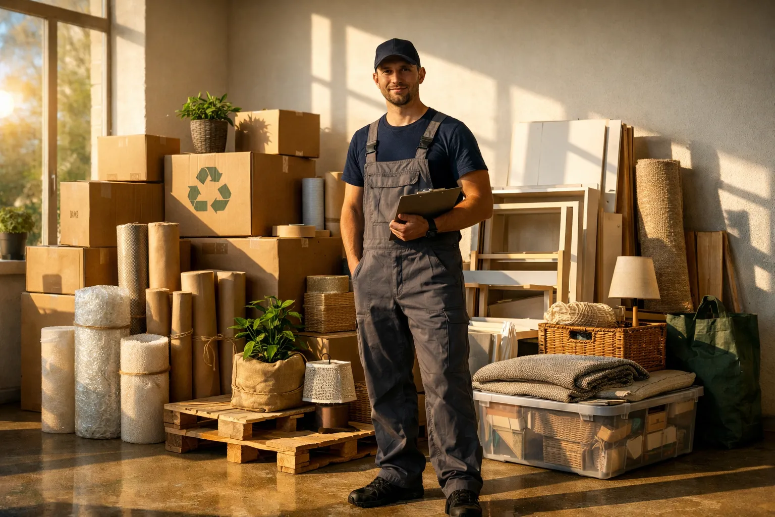 Ein Mann in dunkler Kleidung und Mütze steht in einem Lagerraum voller Kartons, Holz, Pflanzen und Dekorationen.