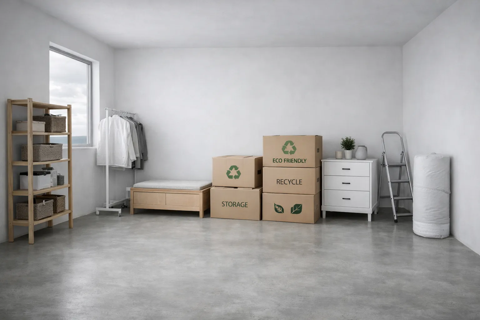Leeres Zimmer mit weißen Wänden, Fenster, Kleiderständer, Kartons, Kommode, Leiter und großen Polster, alles ordentlich und umweltfreundlich.