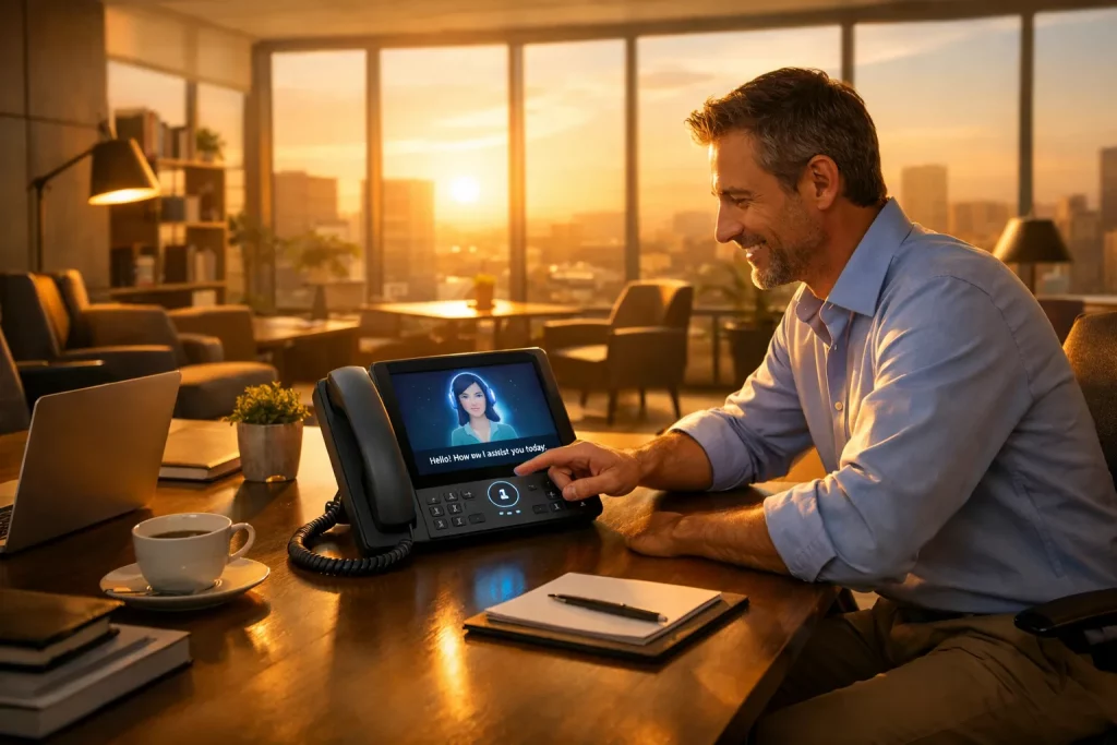 Ein Mann im Büro, spricht mit einem Sprachassistenten am Telefon, bei Sonnenuntergang, im Hintergrund große Fenster mit Stadtblick.