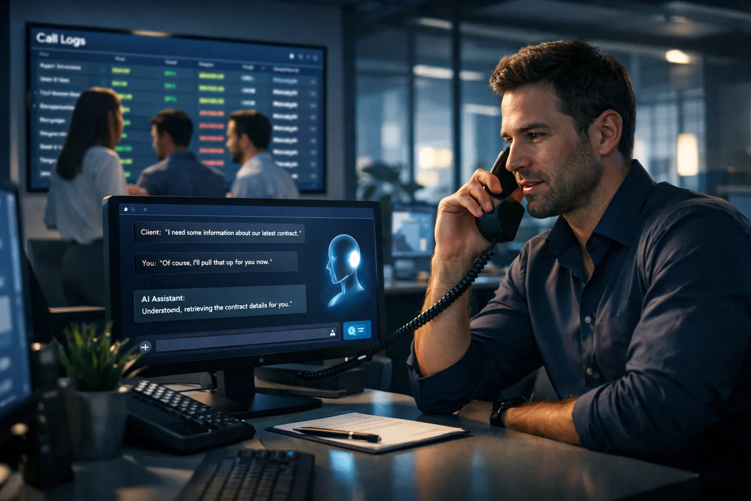 Ein Mann spricht am Telefon in einem modernen Büro. Im Hintergrund sind weitere Mitarbeiter und ein großer Bildschirm zu sehen.