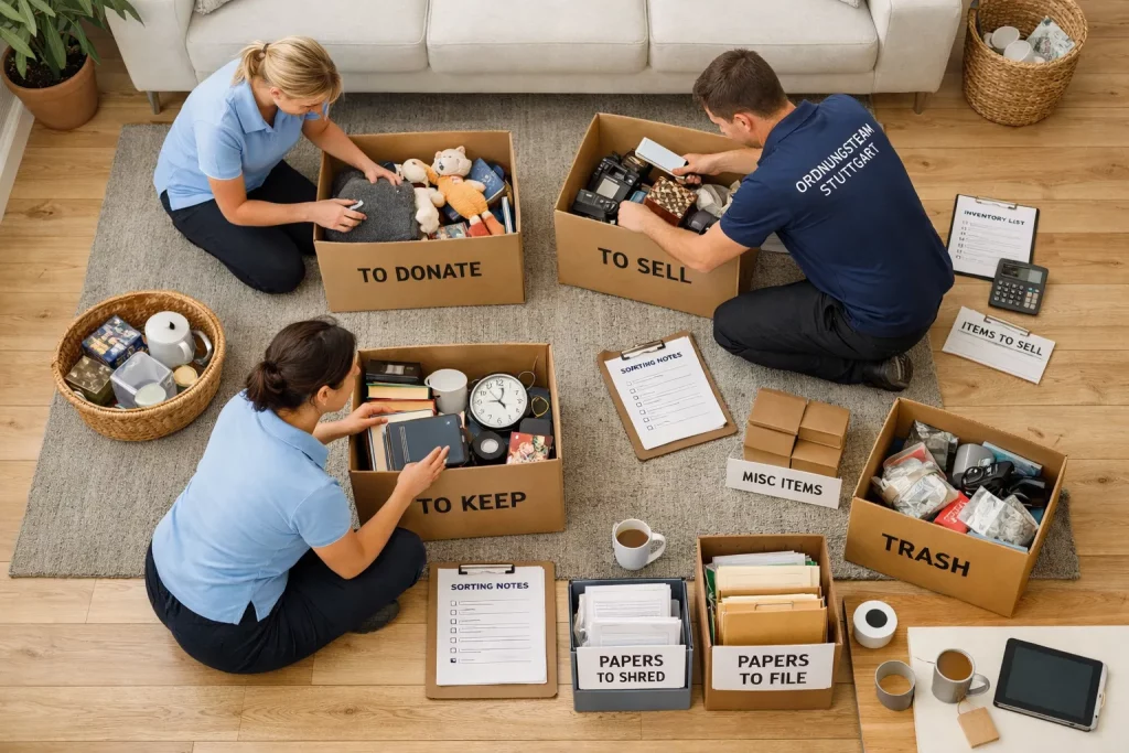 Drei Personen sortieren Gegenstände in mehreren Kartons auf einem Boden. Sie ordnen Dinge zum Spenden, Verkaufen, Aufbewahren und Wegwerfen.