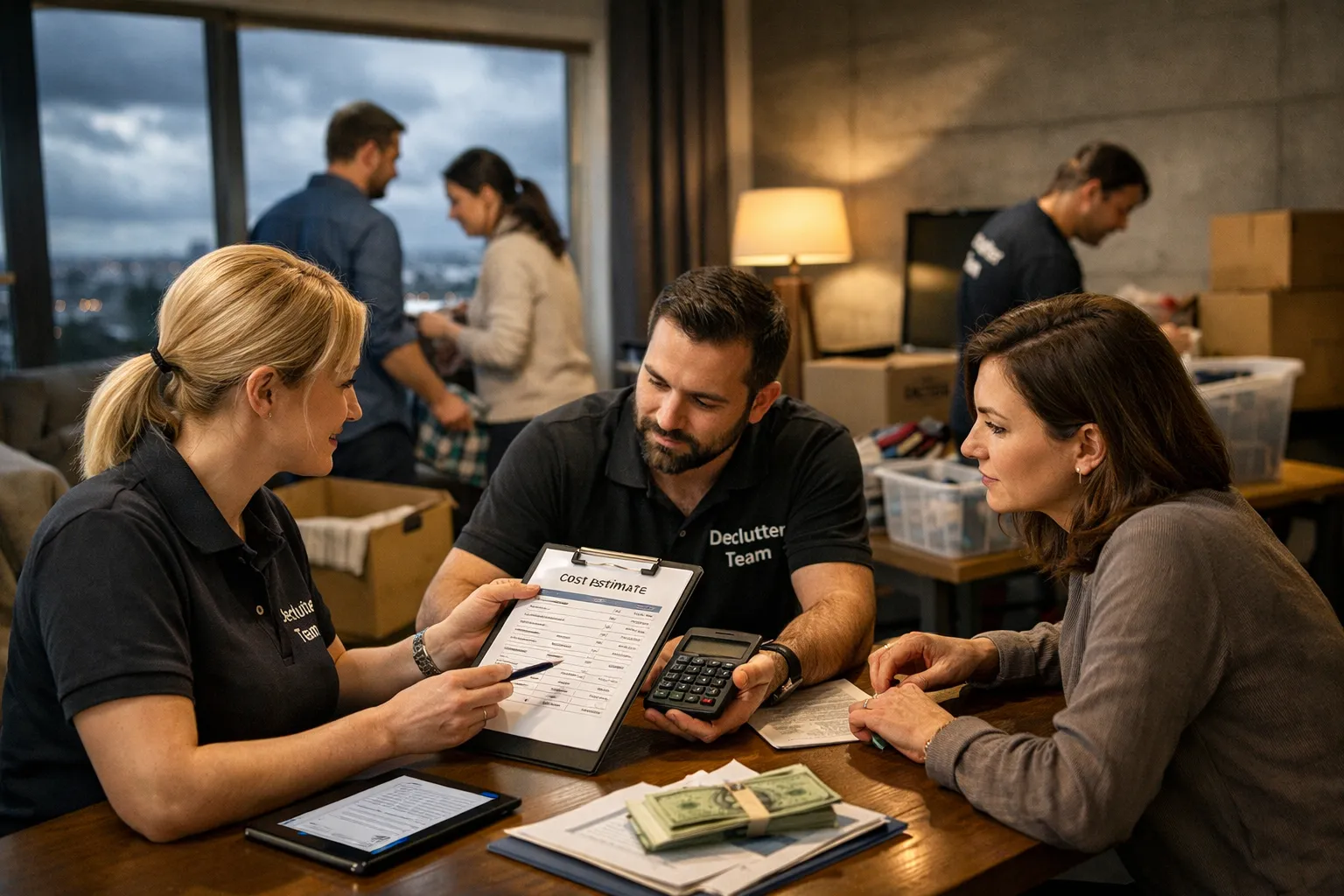 Drei Menschen sitzen an einem Tisch, sprechen über Kosten. Manche arbeiten mit Tablets, andere haben Geld und Papiere vor sich.