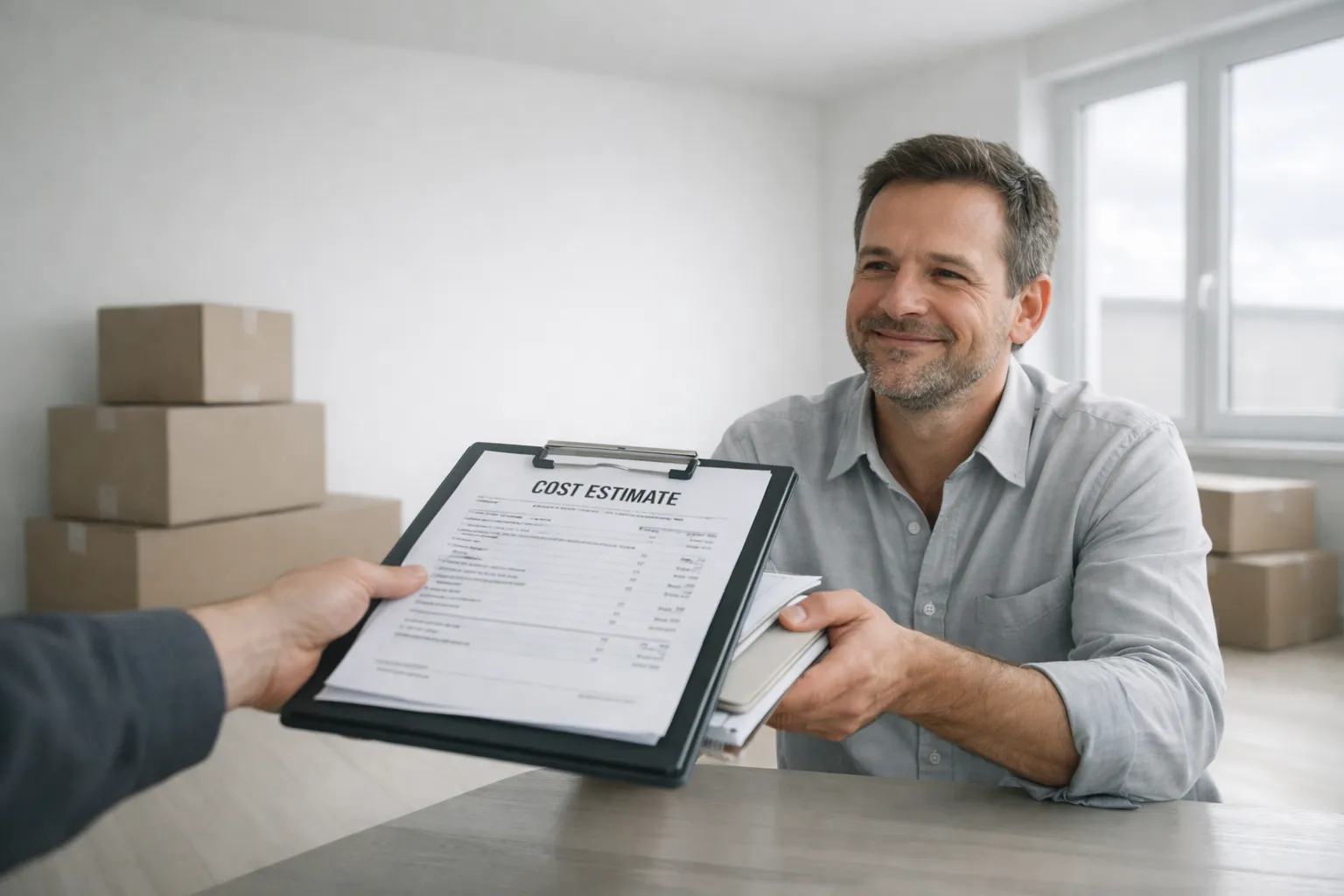 Ein Mann erhält eine Kostenschätzung im Büro, hinter ihm sind Umzugskartons und Fenster, er freut sich beim Empfang der Unterlagen.